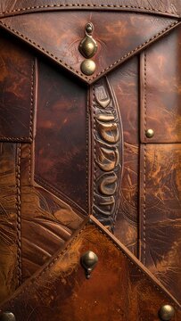 Rich, textured leather surface with ornate stitching and aged metal accents on a brown backdrop