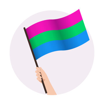 Polysexual waving pride flag in raised hand. Support vector illustration