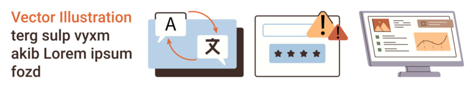 Language tools, cybersecurity systems, monitoring analytics, online services, translation software, data insights. Image showing language conversion, warning icons analytical dashboard. Language