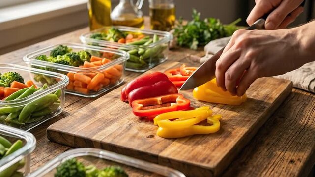 Preparing Vegetables for Meal Prep on Wooden Board