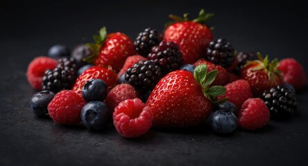 Obraz premium Dark background with a fresh mix of strawberries raspberries blueberries and blackberries for a healthy breakfast concept