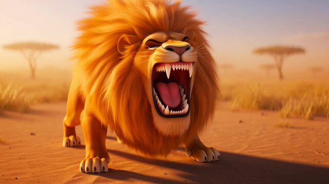 Animated lion roaring in savanna desert plains with distant acacia trees under warm sky showing menace and anger