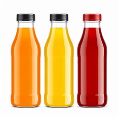 Three glass bottles with orange, yellow, and red liquid isolated on white background