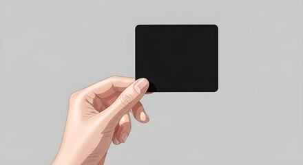 Obraz premium Hand holding blank black card on gray background, empty template for design or advertising, mockup for text or image