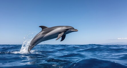 Naklejka premium Active common dolphin leaping under clear sky with copy space for text