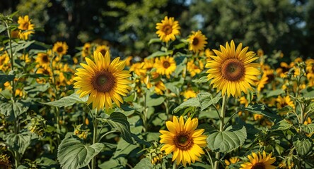 Fototapeta premium A garden teeming with blooming sunflowers under vivid sunlight