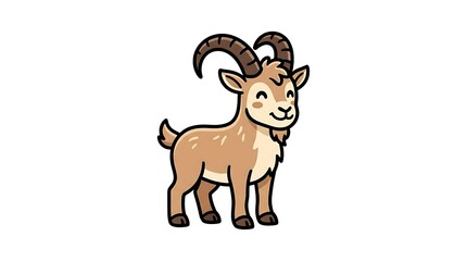 Fototapeta premium Cartoon Goat with Curved Horns Standing.