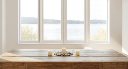 Fototapeta premium Bright white interior design featuring a wooden vintage tabletop with decorative candles and pebbles by large windows