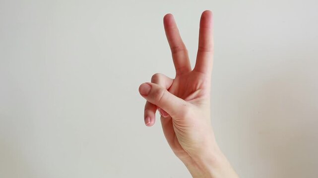 Female hand showing two fingers gesture isolated on white background. Human hand counting number two with fingers in minimal studio scene.