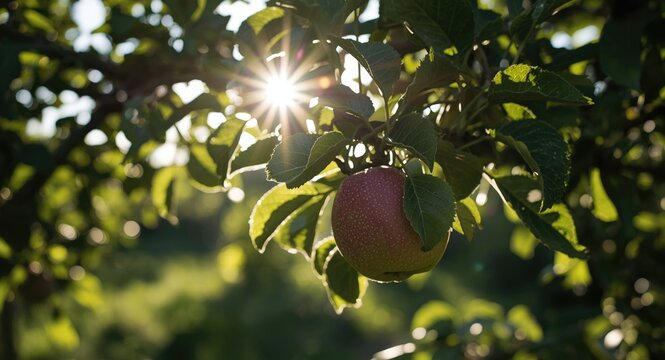 Bright sunlight filtering through leaves of a healthy apple tree in a lush orchard