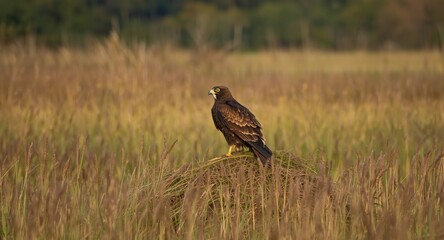 detailed marsh harrier perched on mound amid tall natural grass at evening