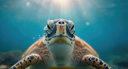 Fototapeta premium Delighted Hawksbill turtle making toothy expression in sharp close up