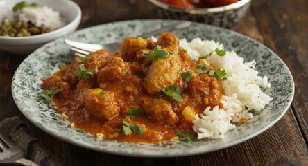 Fototapeta premium Curry chicken with dhansak flavor complemented by tender light rice