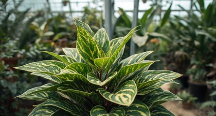 Obraz premium Close up of bright Croton plant with clear area for text in a greenhouse setting