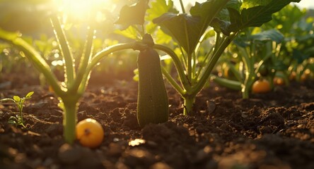 Naklejka premium Zucchini growing energetically under warm sunlight in a vegetable garden with fresh fruit and vegetable varieties for healthy cooking