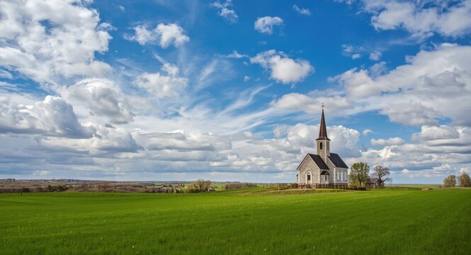 Charming pastoral scene of a church set in green fields under a vibrant sky with scattered clouds