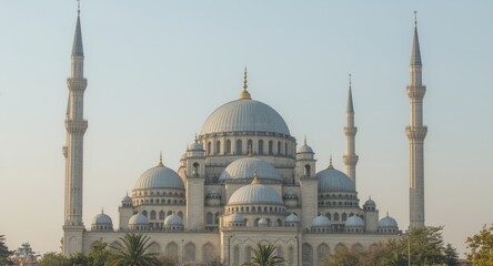 Distant view of a majestic mosque with intricate architecture and elegant domes