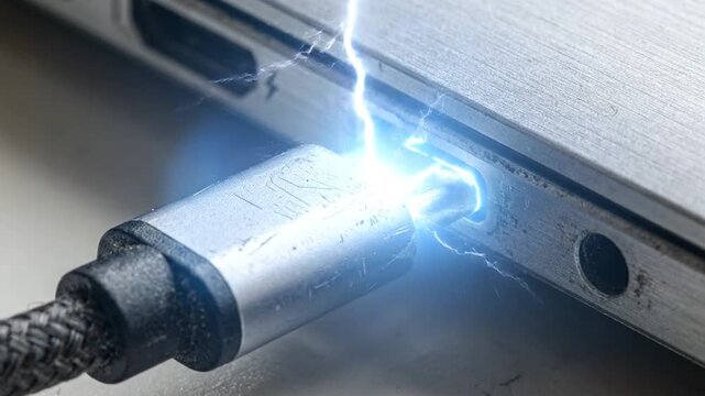 Laptop USB-C Port Sparks with Electricity: Data Transfer Failure Concept