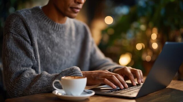Man types calmly on laptop, wrapped in cozy sweater