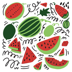 Watermelon hand drawn doodle composition with watermelon slices, whole fruits, seeds and abstract lines. Colorful summer fruit illustration in modern flat style. Perfect for packaging, posters
