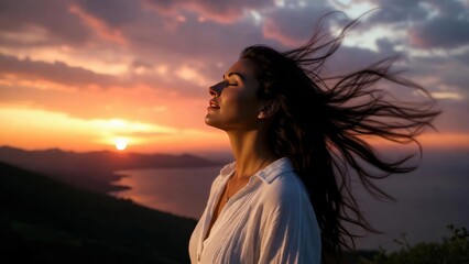 Fototapeta premium Woman with long hair is standing on a hill overlooking a body of water. She is smiling and she is enjoying the view