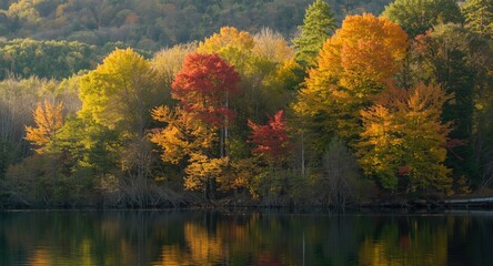 Obraz premium Early light casts glow on vibrant fall trees near water