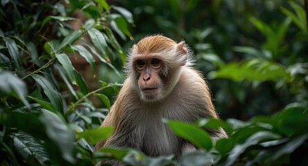 Obraz premium Content macaque pet enjoying a calm moment in lush tropical greenery