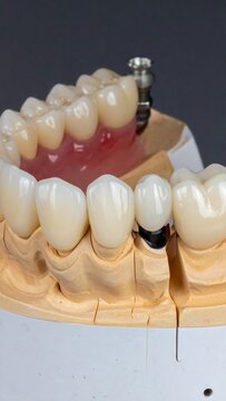 Close-up of dental implants model showing teeth and gums