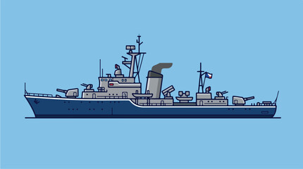 Illustration of a blue warship with cannons and missiles on a light blue background. © Sora