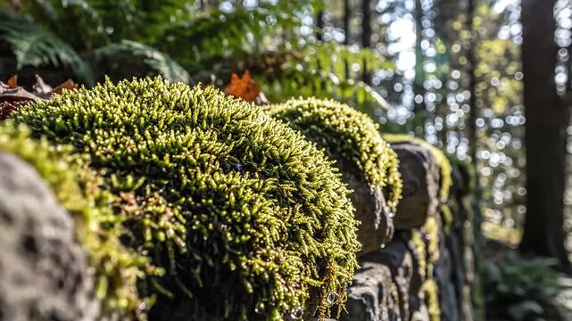 Closeup of mosscovered rocks in a sunlit forest.