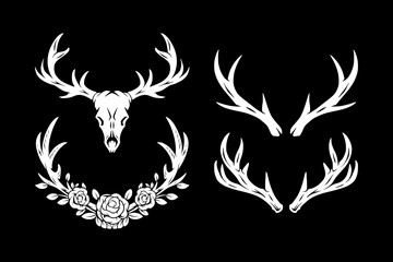 Collection of Deer Antlers Skull and Floral Wreath Vector Set. Vintage Wildlife Hunting Vector Illustration. Outdoor Logo Design