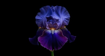 Detailed macro shot of an iris bloom with a deep black backdrop