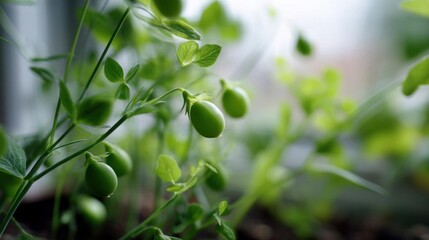 Obraz premium Close-up of a plant with green leaves. the plant appears to be a tomato plant, as there are several small, round, green tomatoes growing on the stem.
