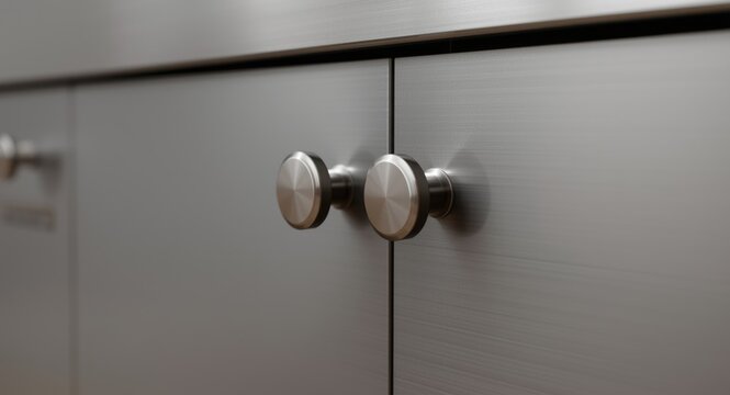 close range view of minimalist kitchen cabinet knobs in stainless steel