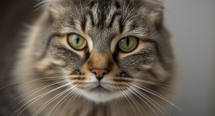 Overhead close up portrait showing striped fluffy thoroughbred cat muzzle