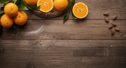 Baking essentials and fresh oranges creatively presented on a rustic wooden tabletop