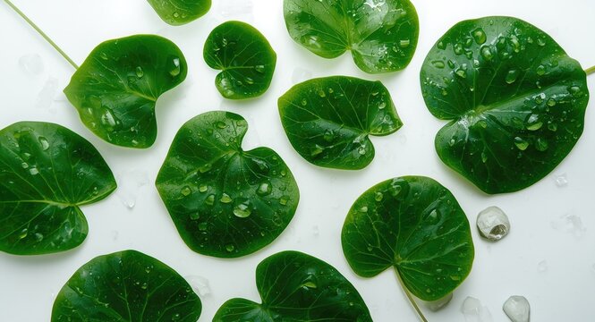 Centella asiatica leaves with glistening raindrops seen from top against a clean white backdrop