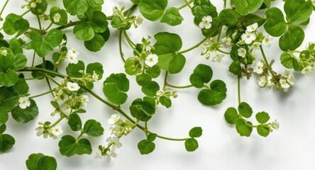 Obraz premium Bacopa monnieri Brahmi plant with vibrant green leaves and delicate white blooms on a pure white background