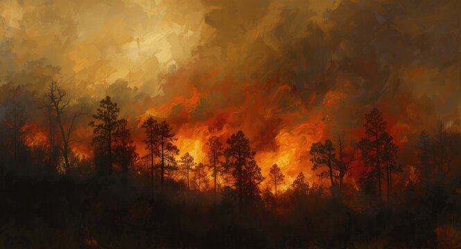 A dramatic painting of a forest fire with thick smoke obscuring tree details and intense heat effects