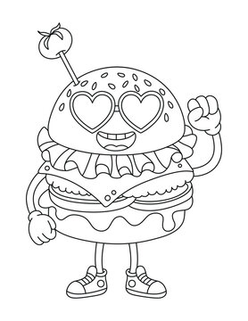 Cheerful Cartoon Hamburger Character Wearing Heart Glasses Coloring Page