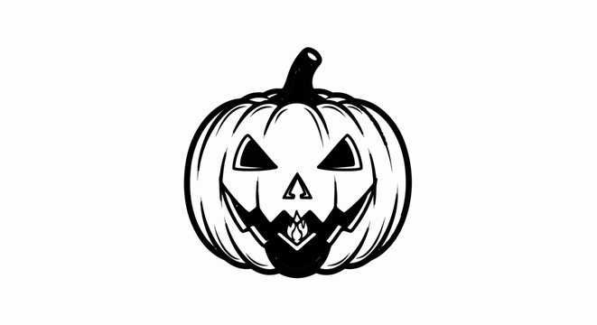 A black and white drawing of a carved pumpkin with a candle burning inside