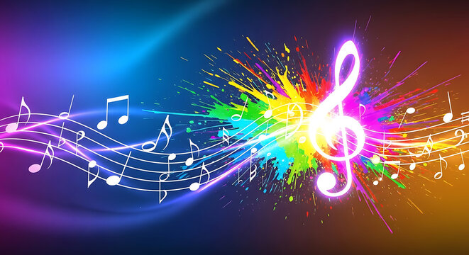 Colorful digital music concept with glowing notes and splashes