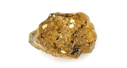 Chalcopyrite isolated mineral sample displayed on solid white background