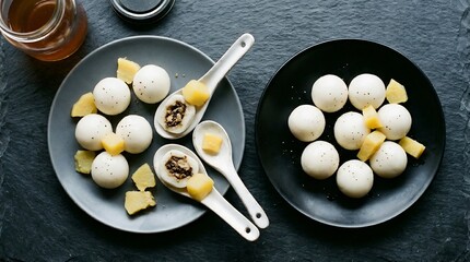 スプーンの上のデザート 冷たい光で食欲をそそる美しい構成