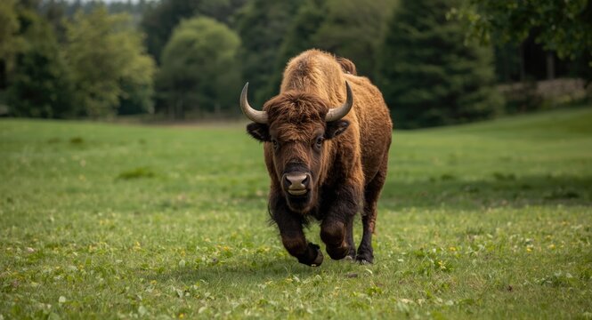 Cheerful summer afternoon with a pet bison happily roaming across a soft green grass lawn