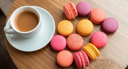 Obraz premium Brightly colored macarons spread elegantly alongside a hot coffee cup on a cafe table