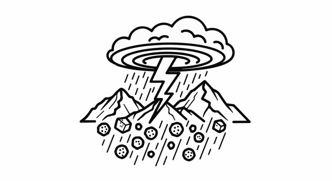A storm with lightning striking mountains and objects falling like dice