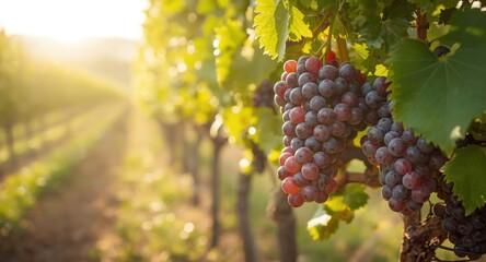 Naklejka premium Detailed view of vineyard grapes bathed in warm sunlight