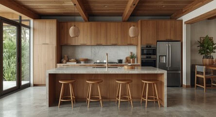 Bohemian inspired kitchen with wood cabinetry and textured concrete flooring