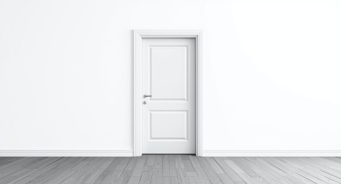 closed front door on white wall with minimal background and copy space